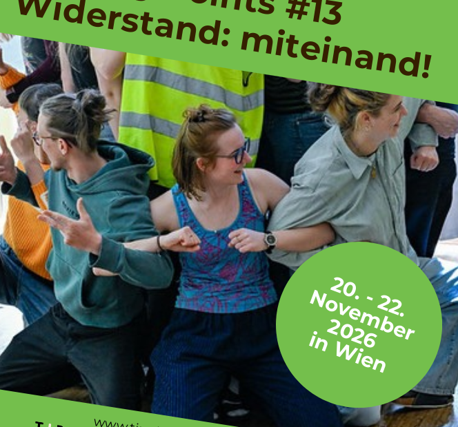 Foto mit Menschen, die mit den Armen verschränkt am Boden sitzen. Dazu der Text: Widerstand miteinand'